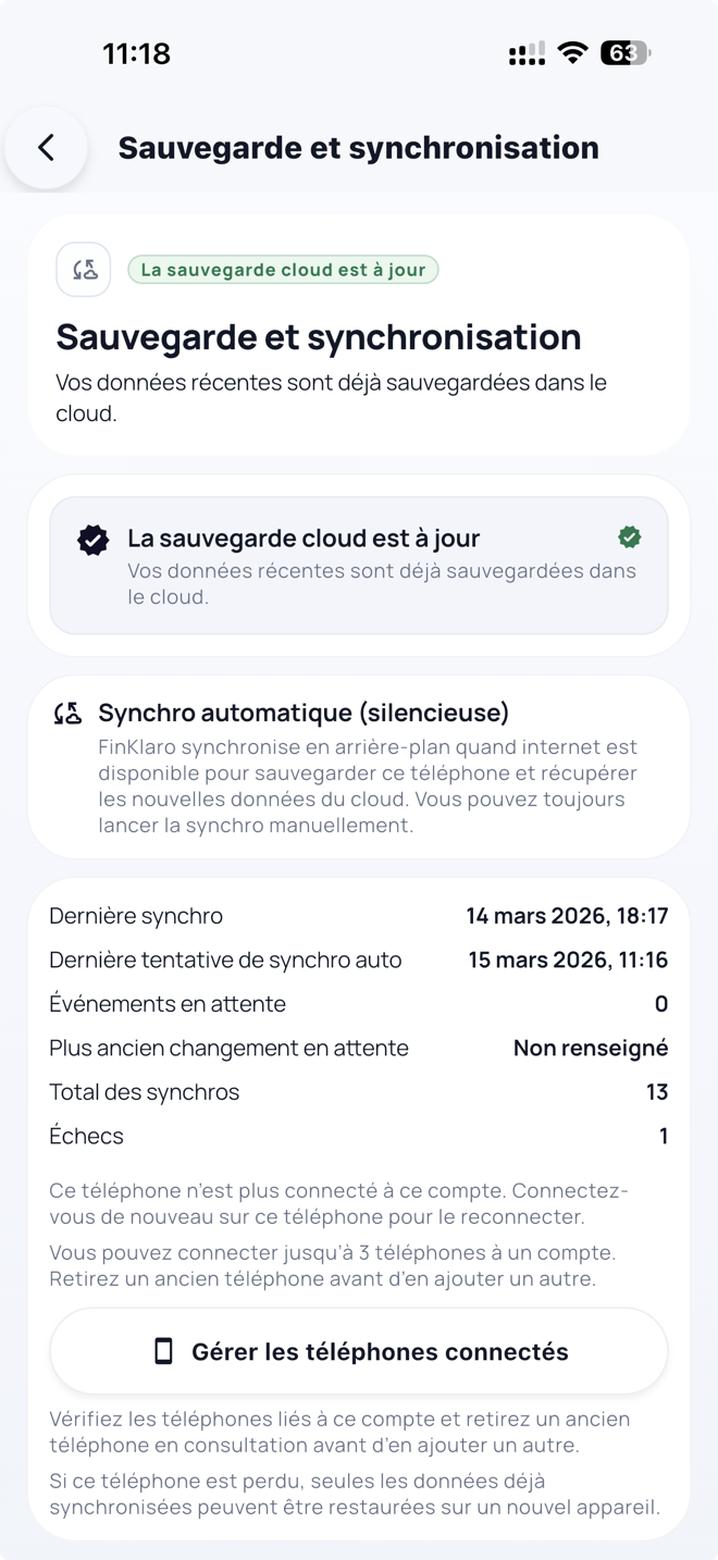 FinKlaro backup and synchronization screen